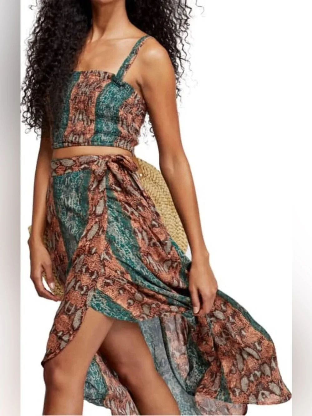 Free People Green and Brown Wrap High-Low Coord matching set skirt top